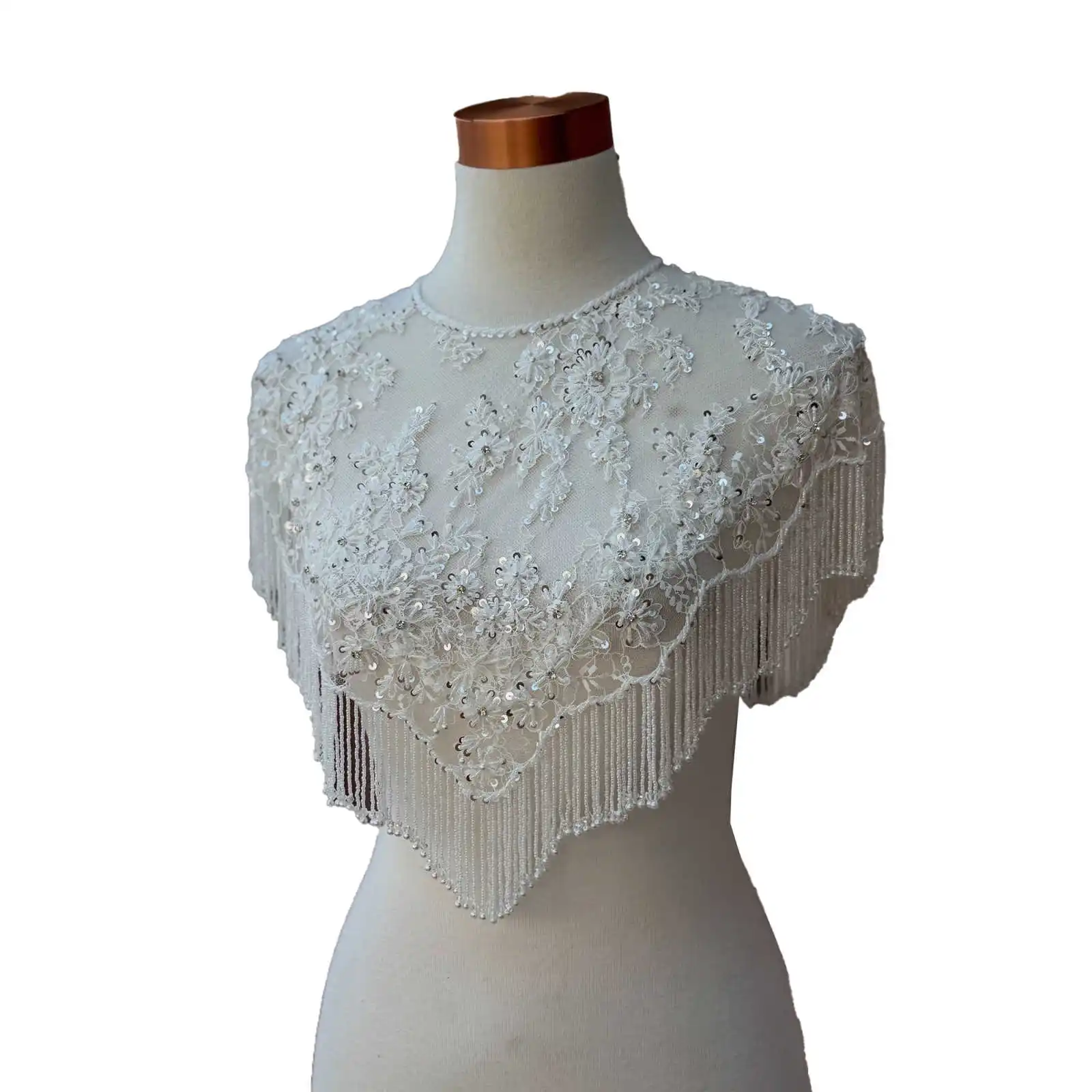 Elegant Bridal Cape Delicate Beaded Lace Tassel Fringe Sheer Mesh Fabric Hand Sewn Sequins Floral Motifs Wedding Ceremony