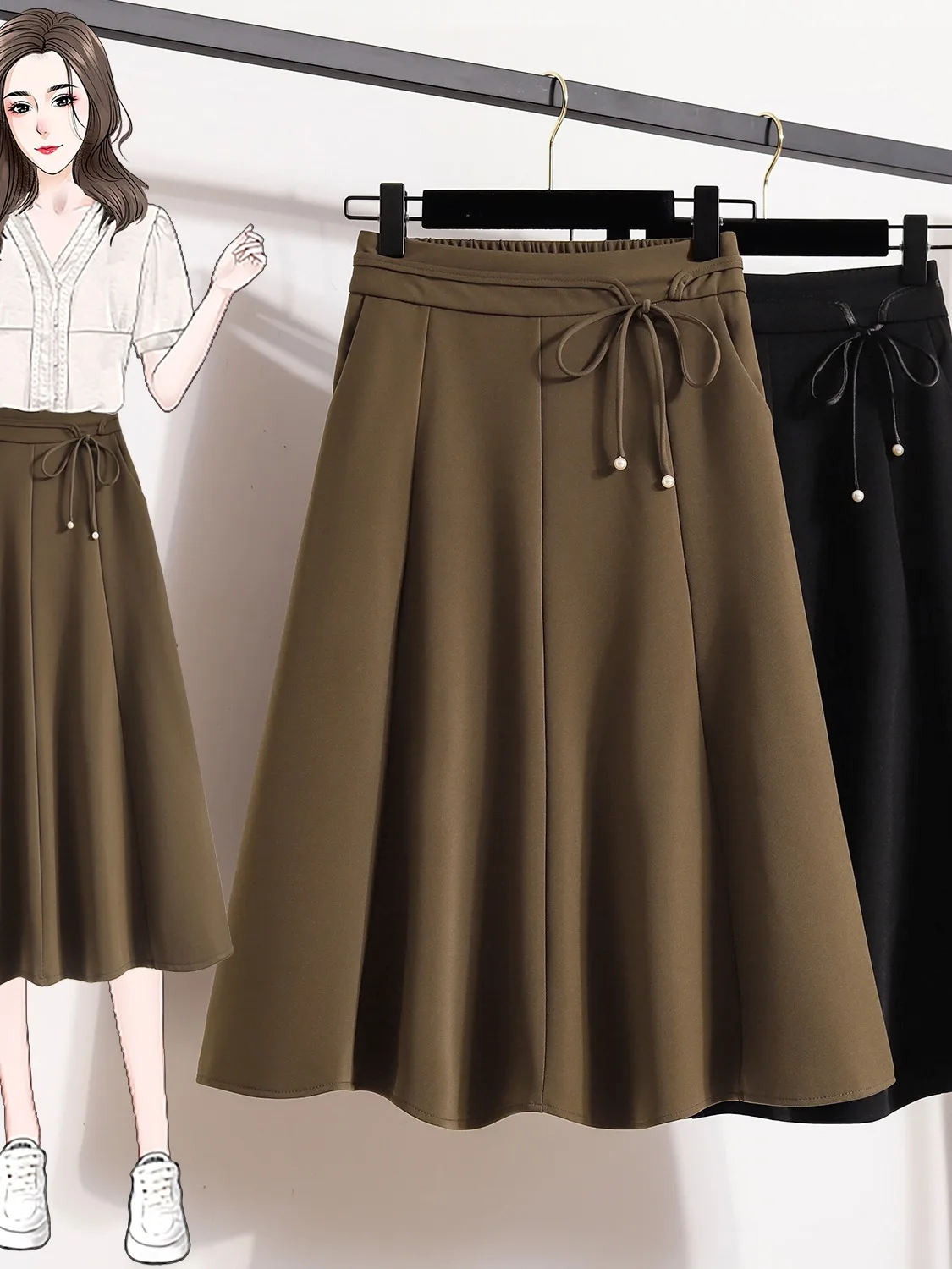 Plus Size Brand Clearance Plus size Casual Skirt New Pocket High Waist Skirt Mid-Length Eight-Piece Big Hemline A- line Skirt