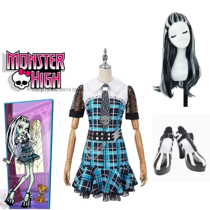 Monster High Frankie Stein Cosplay Costume Womens Halloween Carnival Roleplay Blue Dress