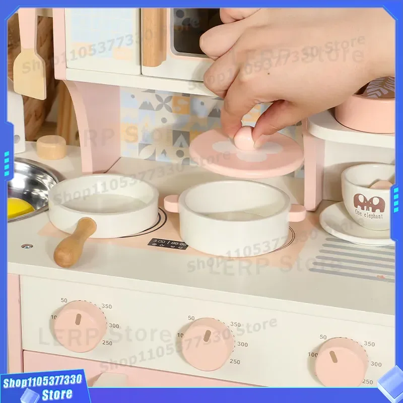 Wooden Pink Coffee Machine Toy Set for Toddler Pretend Play Kitchen Interactive House Puzzle Game Children Educational