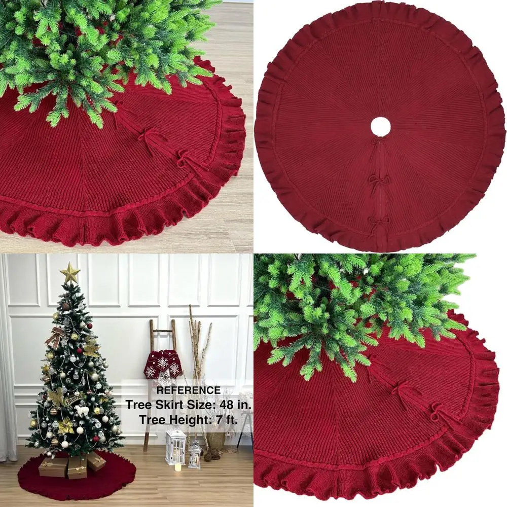 

Burgundy 48 Ruffle-Edge Sweater Christmas Tree Skirt with Lace Bows