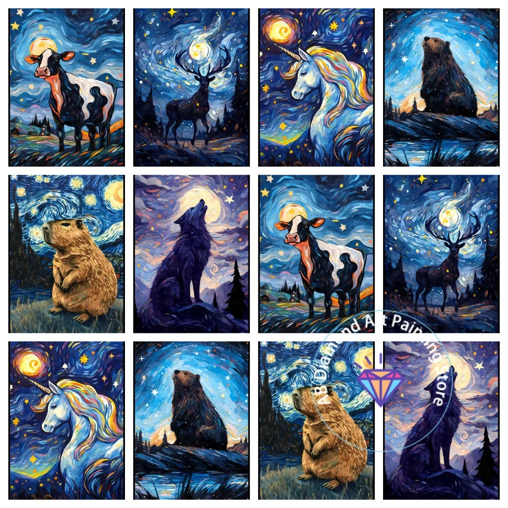 

The Deer Cow Starry Night AB Diamond Painting Kit Square Round Diamond 5D DIY Abstract Animal Mosaic Handmade Art Exquisite Gift