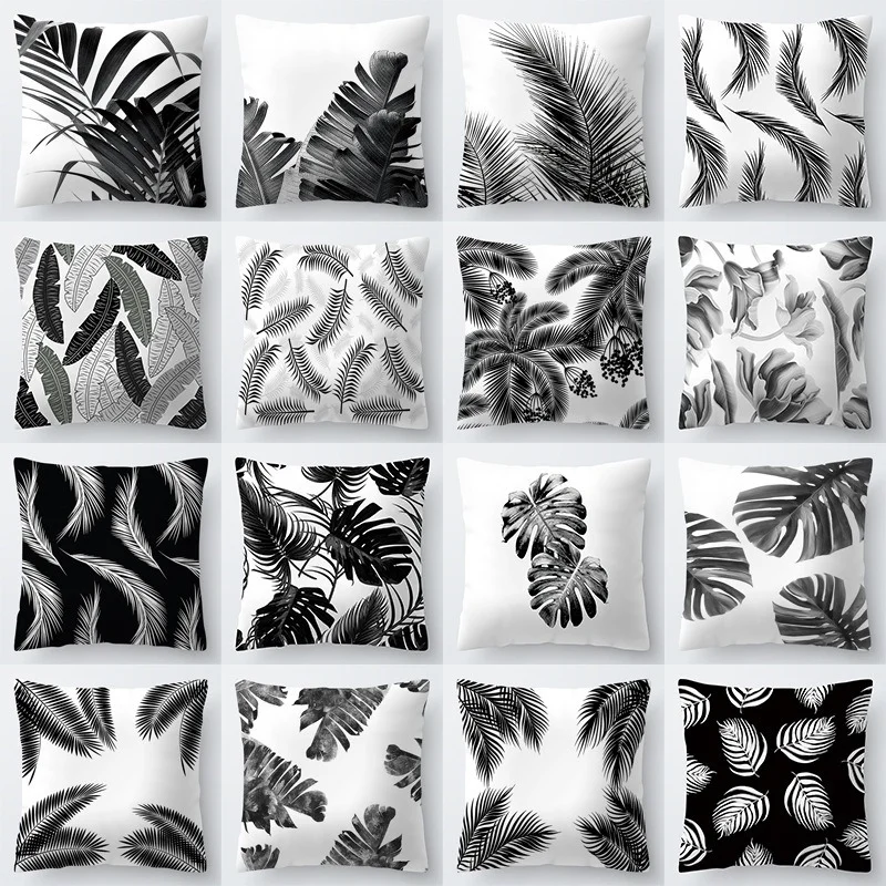 

New Black and White Leaf Peach Skin Pillowcase Simple Home Sofa Cushion Throw Pillows Decor Fall