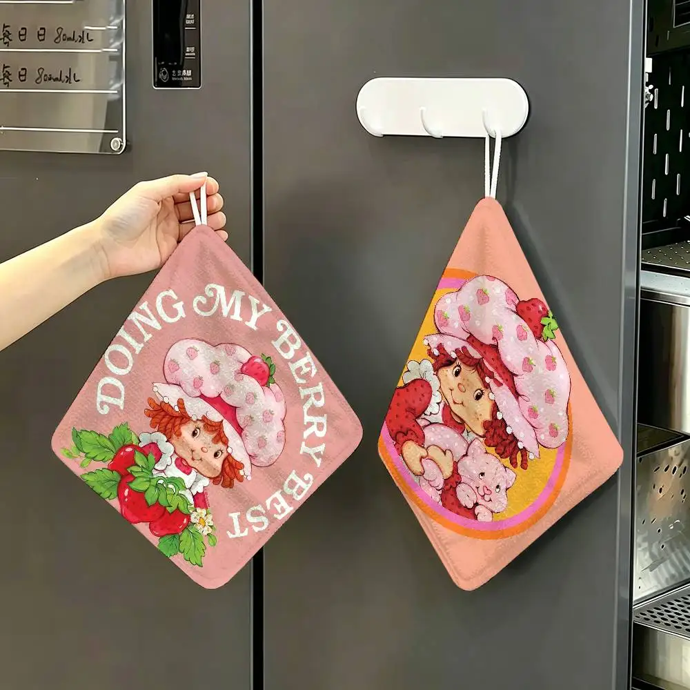 Cartoon Strawberry Shortcake Multi-scene Polyester Cotton Towel, Hanging Hand Wiping Cloth for Kitchen Bathroom Hotel