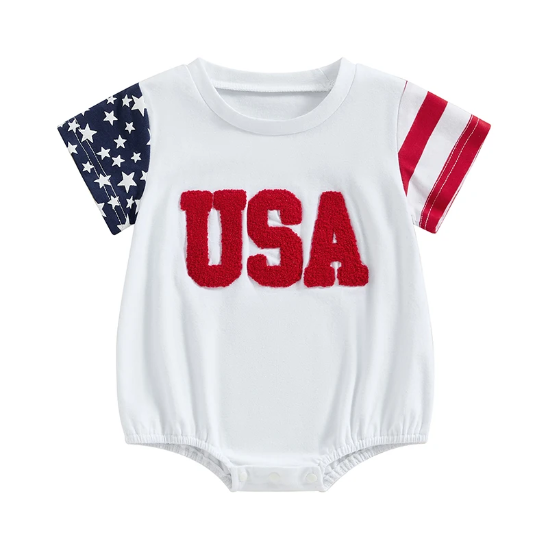 

Baby Girls Boys Independence Day Romper Short Sleeve Crewneck Letter Embroidery Stars Stripe Print Romper