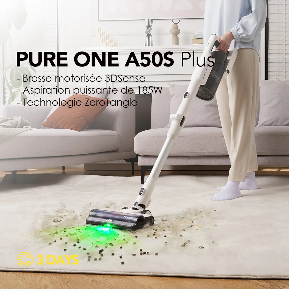 Tineco Pure One A50S Aspirateur Balai sans Fil, Aspiration 185W, 70 Min d’Autonomie, Réservoir Plus Large de 1L, Brosse Motorisée 3DSense, Technologie Dura-Cyclone, Vient à Bout des Gros débris