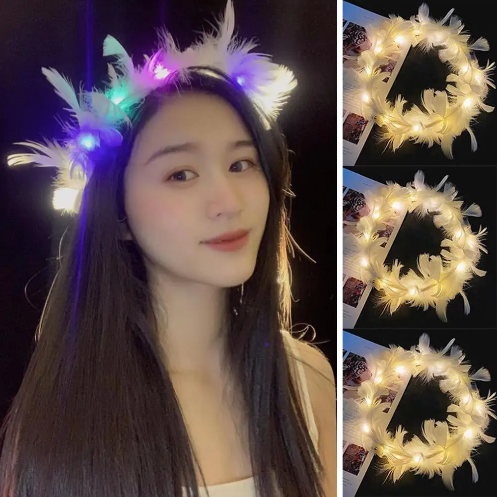 

LED Luminous Feather Wreath Headband Garlands Light Up Feather Headband Luminous Headdress Perfect for Parties & Festivals