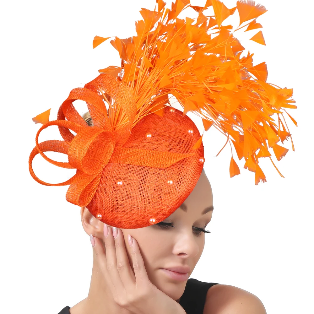 Sinamay Feather Fascinator Hat High Quality Wedding Hair Clip for Bride Church Dinner Cocktail Race Headpiece Headwear