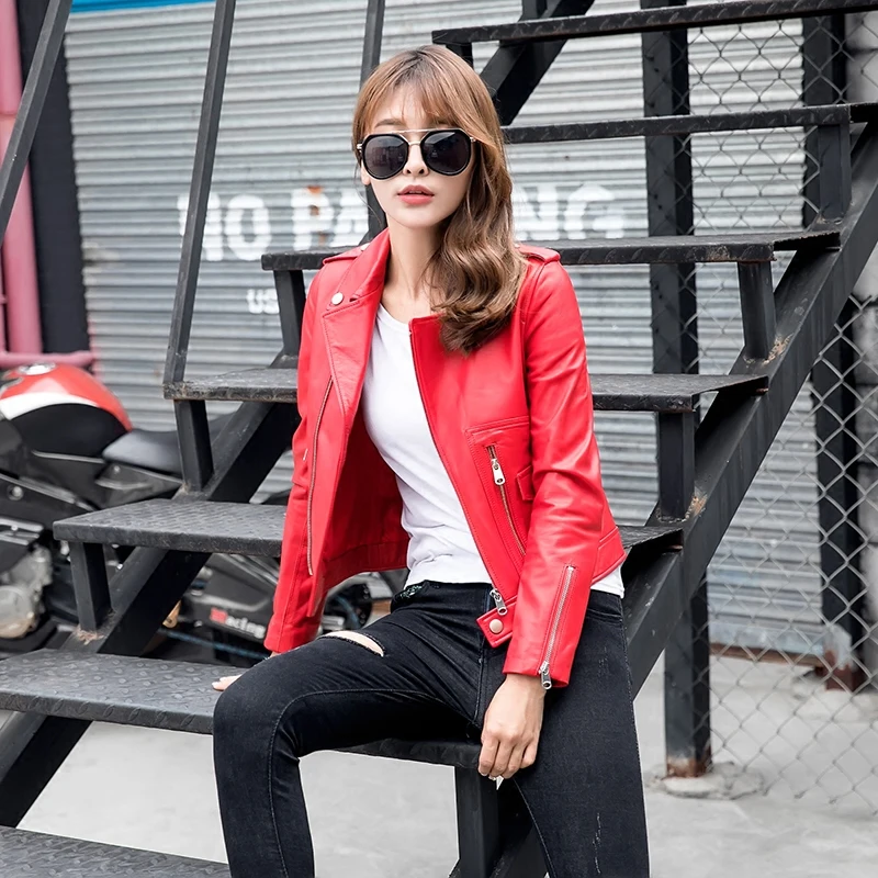 FTLZZ Women Motorcycle Pu Leather Jacket Winter And Spring Black Red Faux Leather Coat Turn Down Collor Lady Outerwear