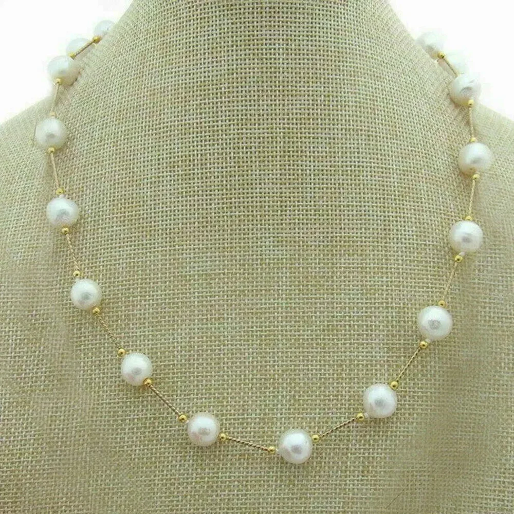 

Brand new AAAA round 8-9mm AKOYA white pearl station necklace with 18 inch 14K gold buckle