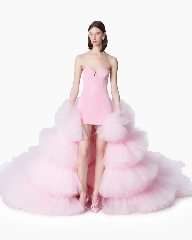 Encantador rosa alta baixa vestidos de baile com overskirt muito puff em camadas tule destacável trem vestidos de casamento formal vestido de festa