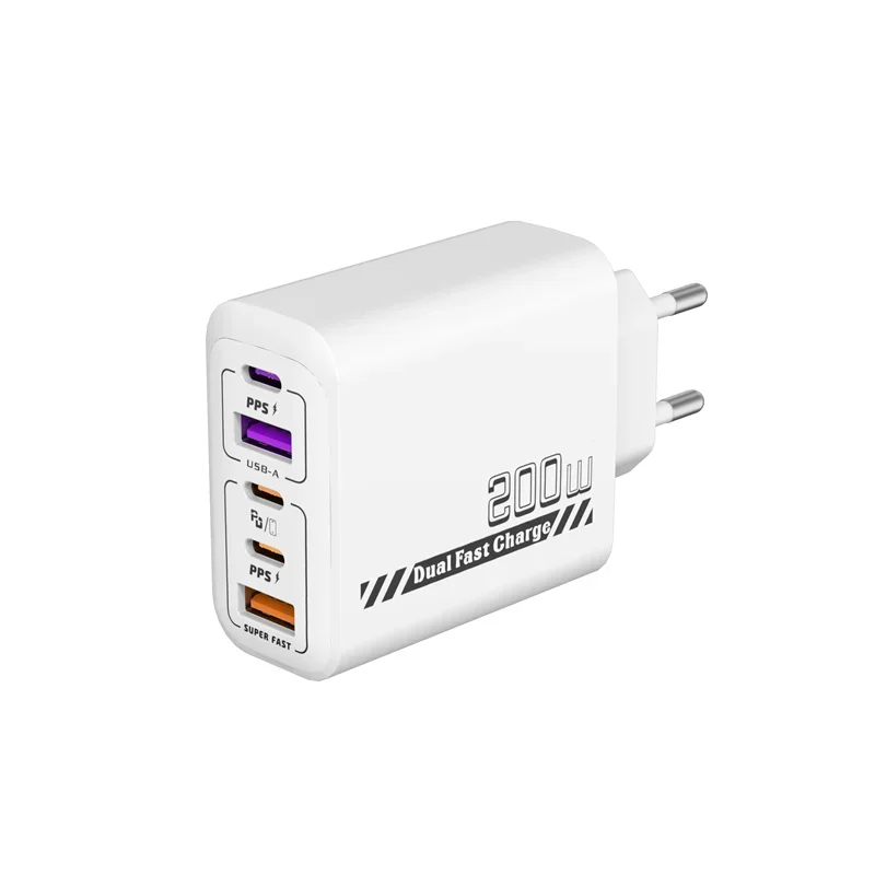 Ładowarka wieloportowa 200W, standardy EU, UK, US, pełne protokoły ładowania, możliwość ładowania 5 urządzeń jednocześnie, inteligentna, superszybka ładowarka. — zdjęcie produktu 7