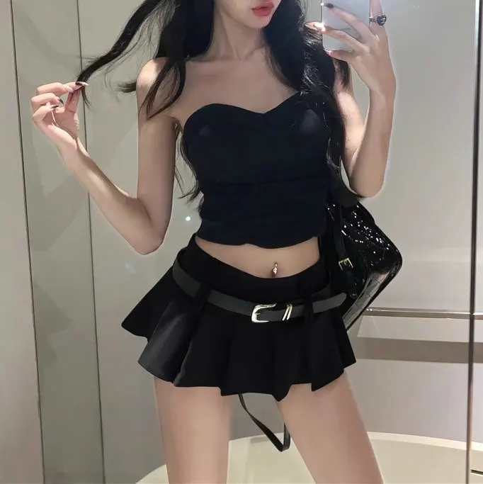 2025 Summer New Black Pleated Mini Skirt with Belt - High-Waisted Fashionable Women's Short Skirt Versatile A-lineirt