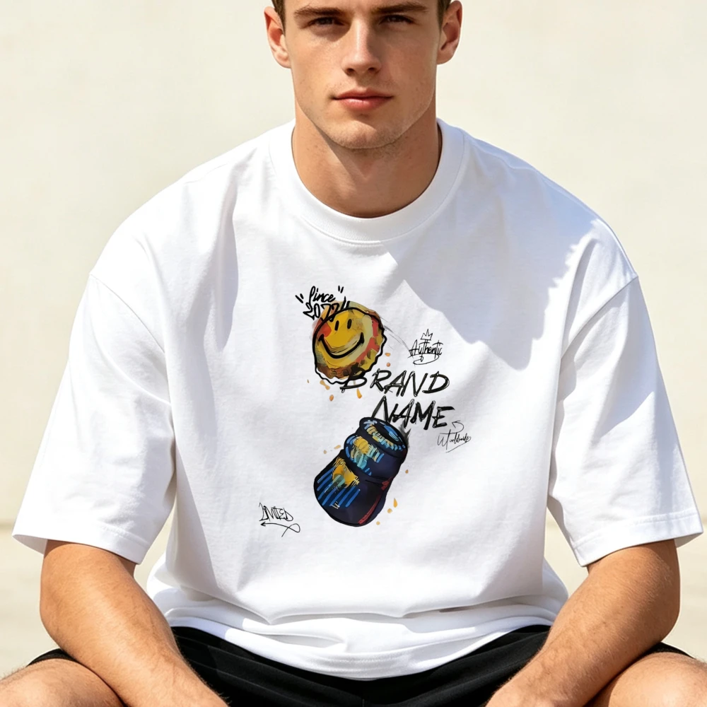 Graffiti Smiley Face Graphic Tshirt Hand Drawn Paint Splash Print Crew Neck Short Sleeve Oversized Streetwear  Casual Hiphop Tee