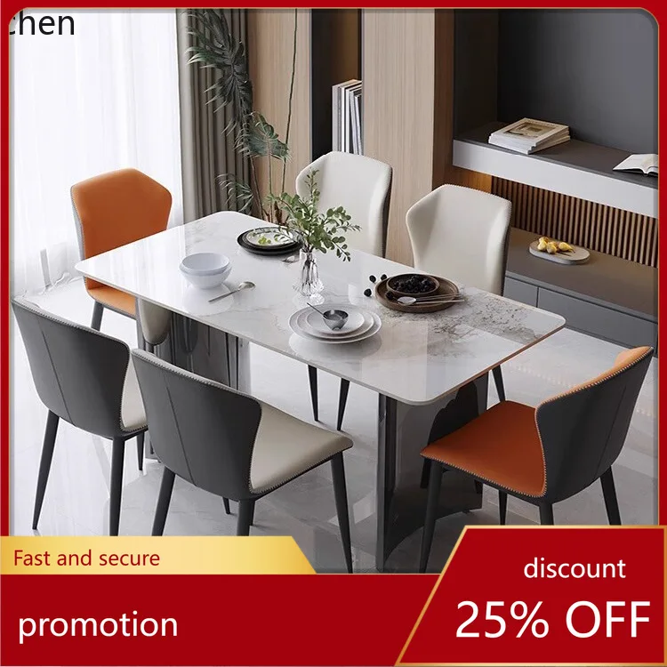 YFY Italian  Glossy Rock Plate Dining Table Modern Light Luxury Cream Style Table  Furniture  Steel Dining Table Dining Chair