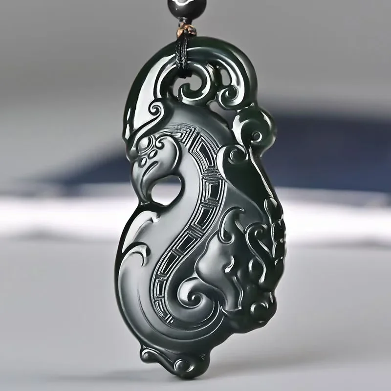 

Jiale/Hand-Carved/Natural Hetian CyanJade Antique Dragon Phoenix Pendant FineJewelry Accessories MenWomen Couple Necklace Amulet