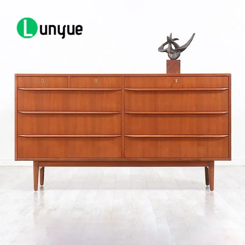 Nordic Retro Solid Wood 9 Drawer Chest Cabinet Danish Medieval Style Teak Color Large Capacity Storage for Bedroom Dining