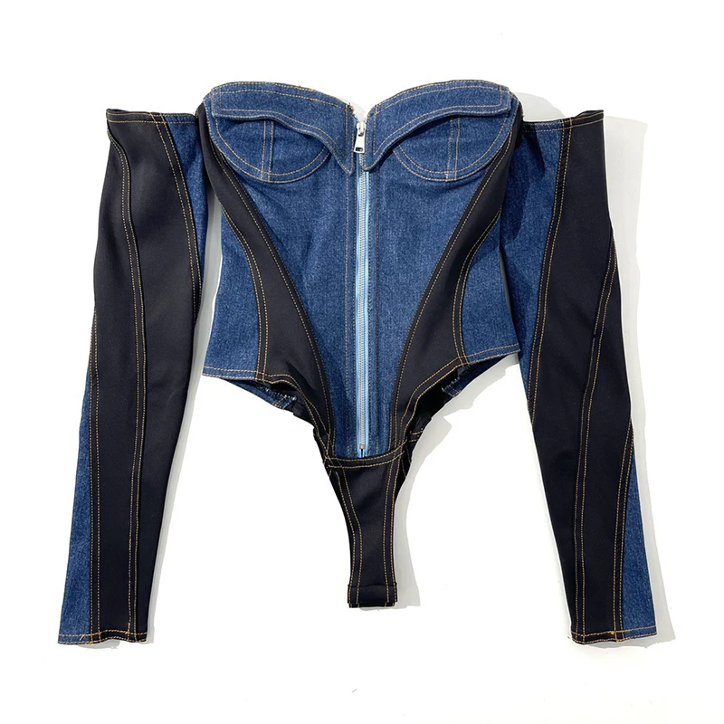 Bodysuit jeans oco para mulheres, manga longa, macacão magro, macacão curto azul, macacão de macacão, zíper, moda