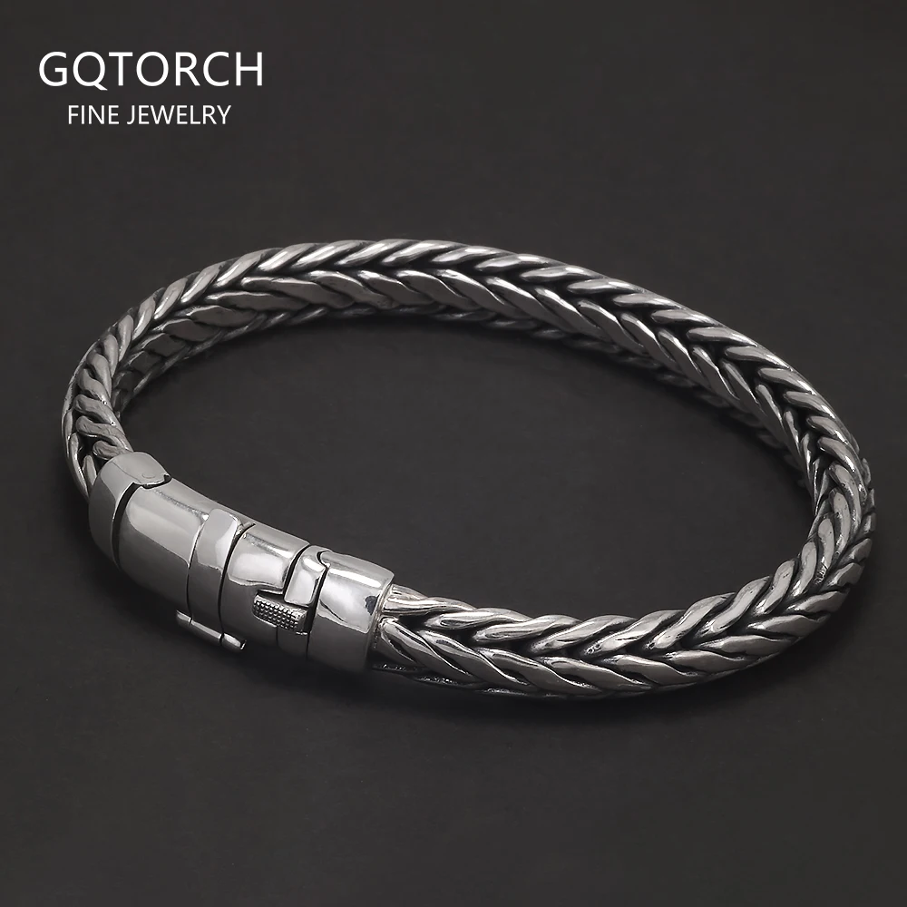

925 Sterling Silver 24cm Braided Plug Bracelet for Men Safety Buckle Bold Domineering Heavyweight Cool Punk Handmade Jewelry