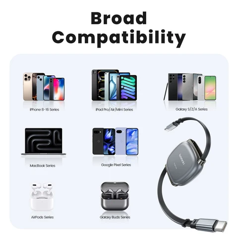 Toocki USB-C кабель 100 Вт, выдвижной, 480 Мбит/с, мини-размер для iPhone и Samsung — фото модели