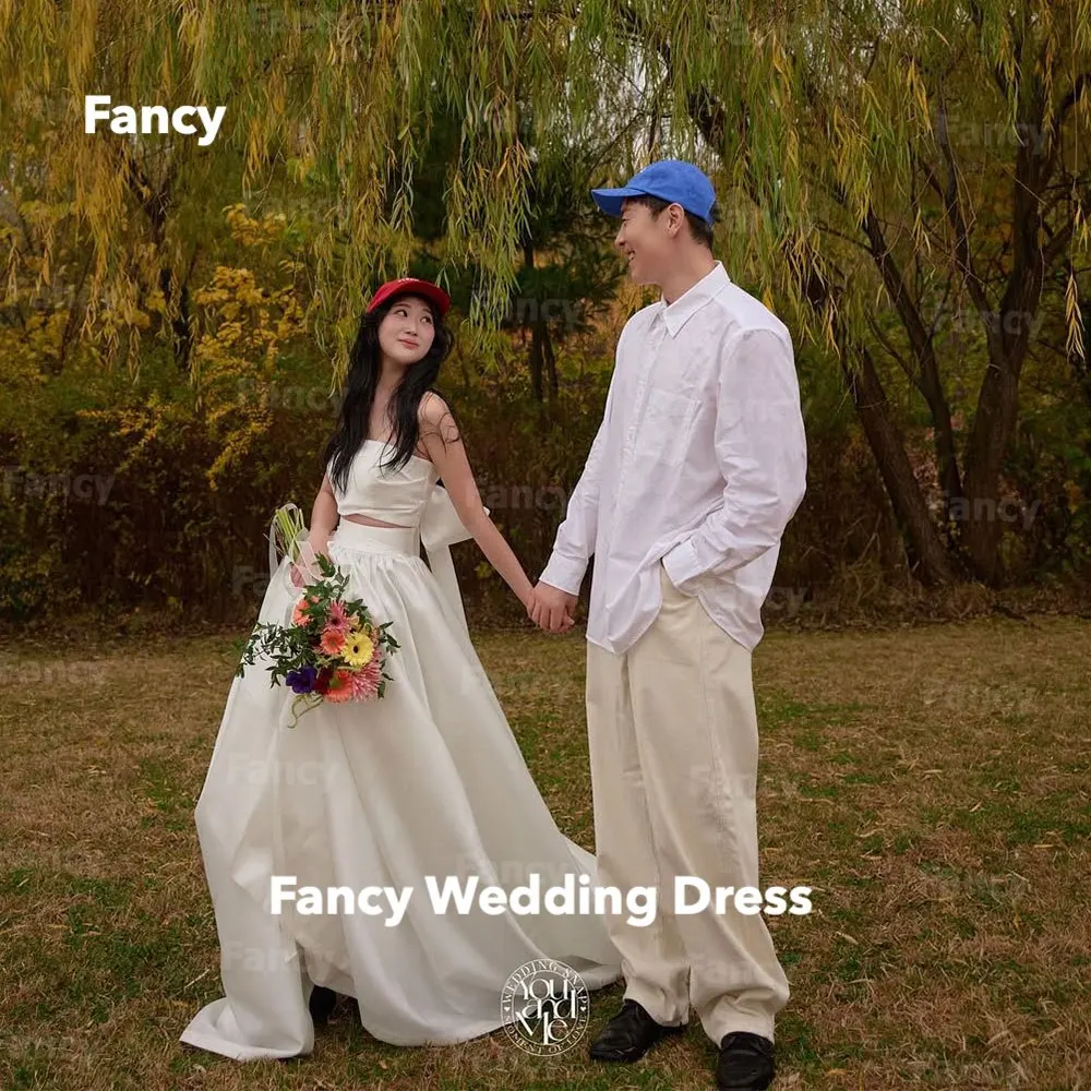 

Fancy Simple 2 PCS Strapless Wedding Dress Korea Photo Shoot A Line Sleeveless Teffeta Bridal Gown Customized