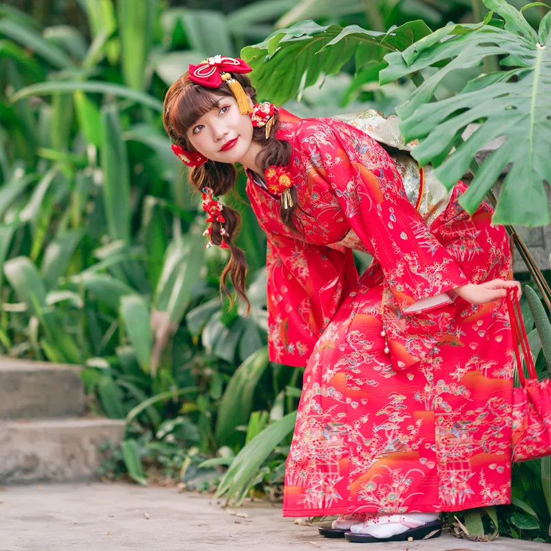 Girl Visit Japan Travel Red Clothing Traditional Improved Edition Kimono Wrinkle Resistant Ironing Free Material Gown Robe FE039