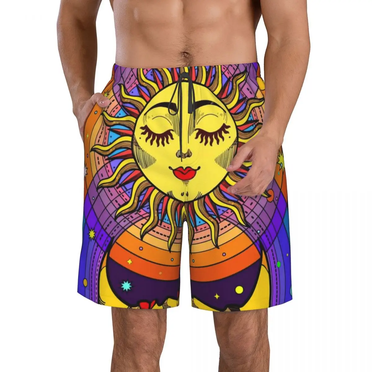 Sun With Face And Crescent Moon On Divination Men's Beach Shorts Fitness Quick-drying Swimsuit Funny Street Fun 3D Shorts