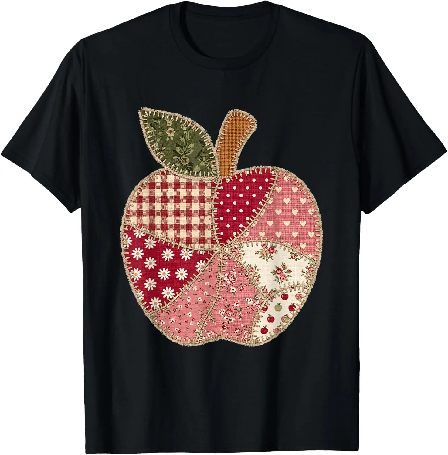 Vintage Quilted Apple Cute Teacher Back To School T-Shirt Unisex Vintage Graphic Print T‑Shirt Retro Aesthetic Crew Neck Short Sleeve Soft Cotton Tee Casual Streetwear Tops Men.Unisex Holiday Festive Graphic Tee Party