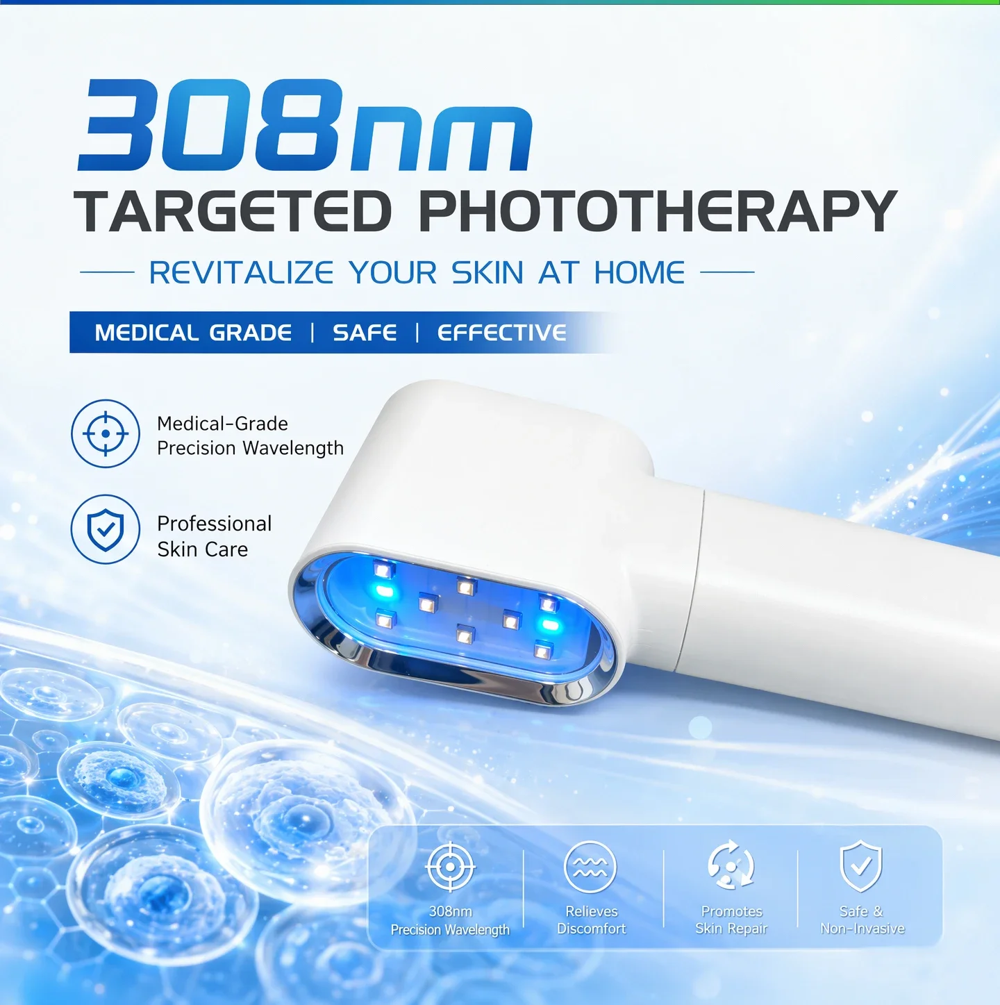 Handheld 308nm UVB Lamp for Vitiligo Phototherapy Light Therapy Home Use Device for Psoriasis Eczema Skin Disease Treatment