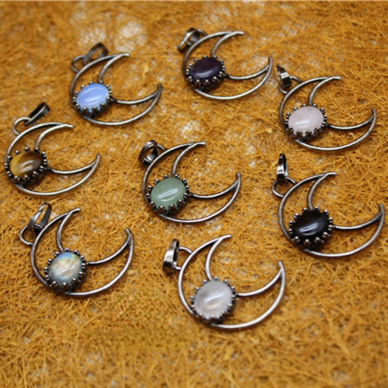 

Gothic Quartz Pendant Moon Stone Charms Amethyst Aventurine Obsidian Tiger Eye Witchcraft Charms Necklace Woman Jewelry Gift