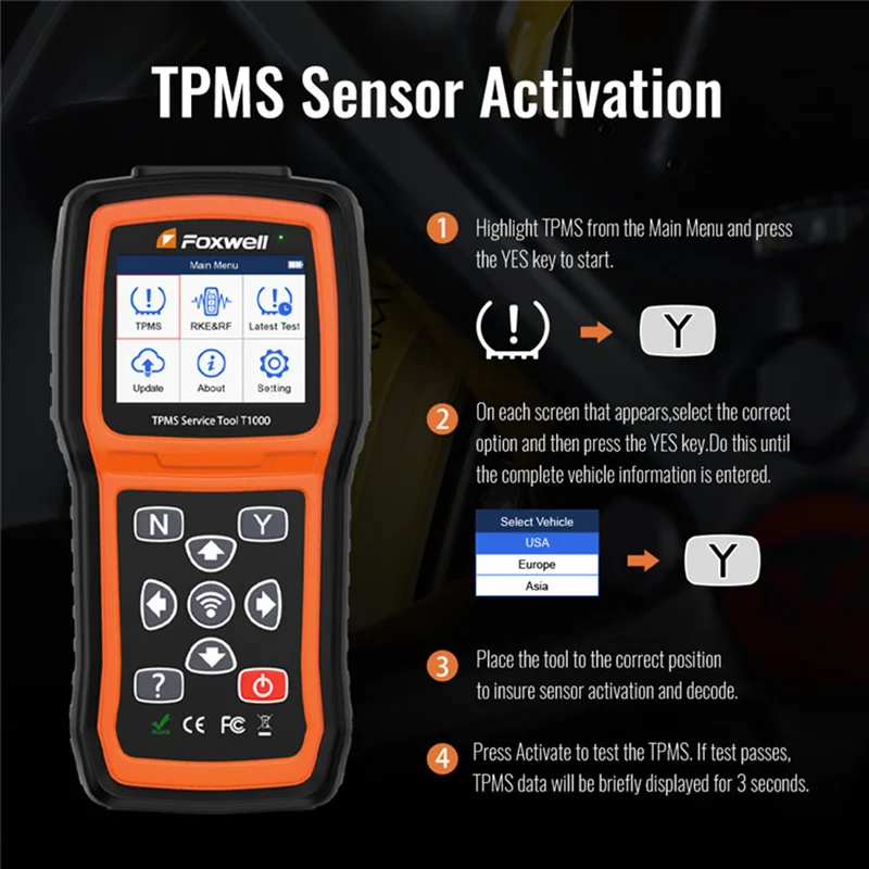 Foxwell T1000 TPMS Tool TPMS Sensors Programming Activate Check RF Key FOB Tire Pressure Monitoring System Auto Tester PK TS601