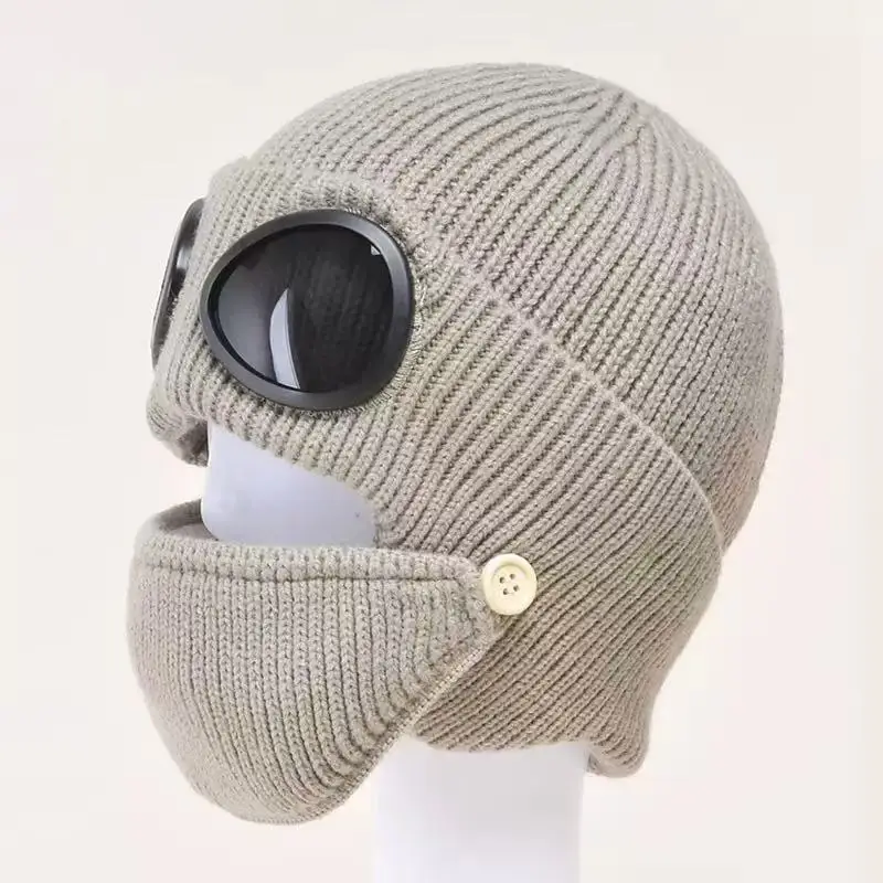 Unisex Multifunction Knitted Trapper Hat Women Men Winter Warm Cycling Bonnet Beanies Detachable Knit Mask Goggle Cap Skullies  