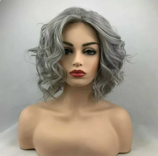 Women Shoulder Length T Part Lace Front Wigs Synthetic Curly Wig Wavy Gray Short