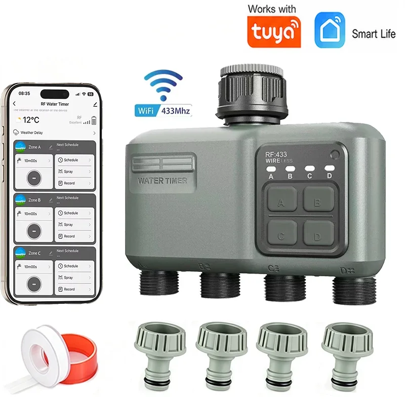 WiFi 4‑Outlet Tuya Smart Water Timer Programmable Garden Irrigation Sprinkler Controller Rain Delay Filter for Outdoor Lawn Yard