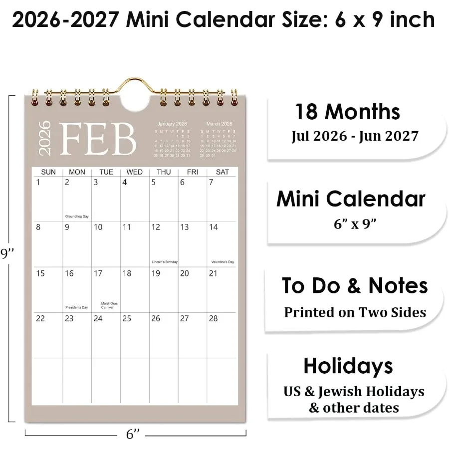 Mini Kalendarz Ścienny 2026-2027 6x9 Ih Mini Kalendarz 18-miesięczny Mały Kalendarz od Stycznia 2026 do Czerwca 2027 Mały Kalendarz Notatnikowy