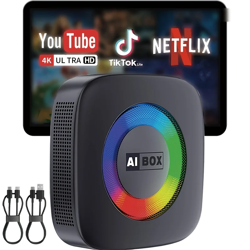 Wireless Carplay AI Box, 4K HD Video Streaming Adapter with RGB Light, Netflix YouTube Built‑in, Plug and Play for Wired CarPlay Vehicles