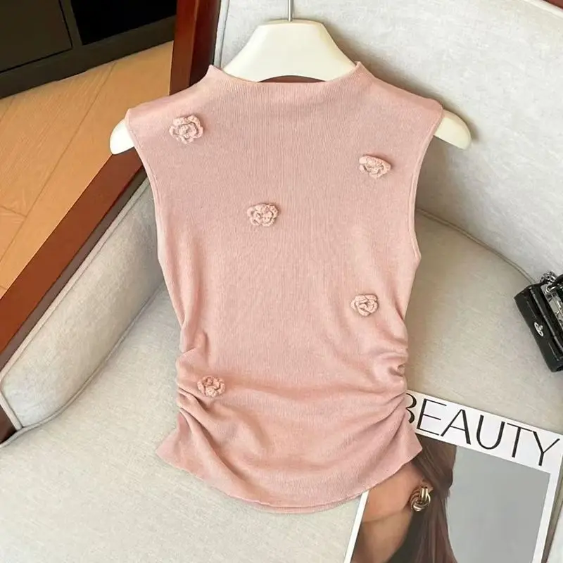 Suéter de punto con flores para mujer, chaleco sin mangas con cuello medio alto, Top ajustado de Color sólido, suéter para fiesta y Club