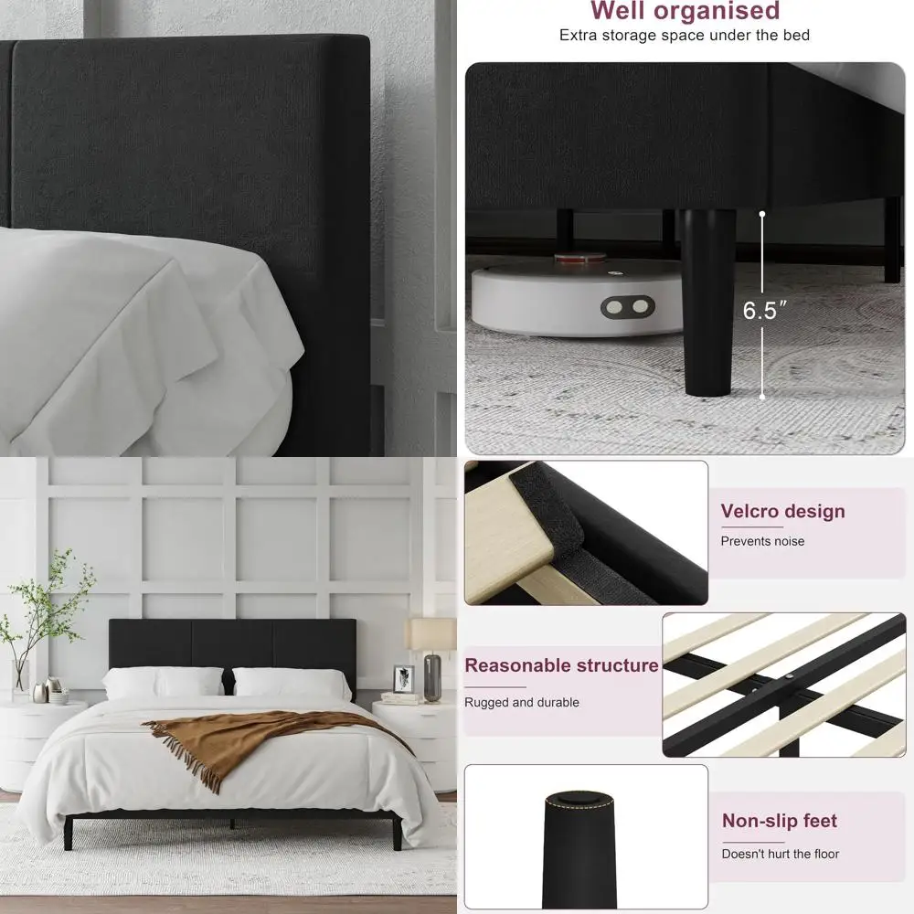 Black Queen Platform Bed Frame with Upholstered Headboard, Wood Slats, No Box Spring Needed, Easy Assembly, Silent