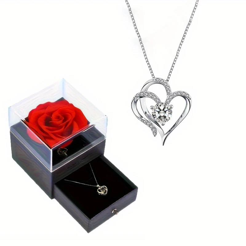 Elegant Heart Zircon Necklace With Luxury Rose Flower Gift Box For Women Girlfriend Valentine\'s Day Gift 2024 New In Jewelry