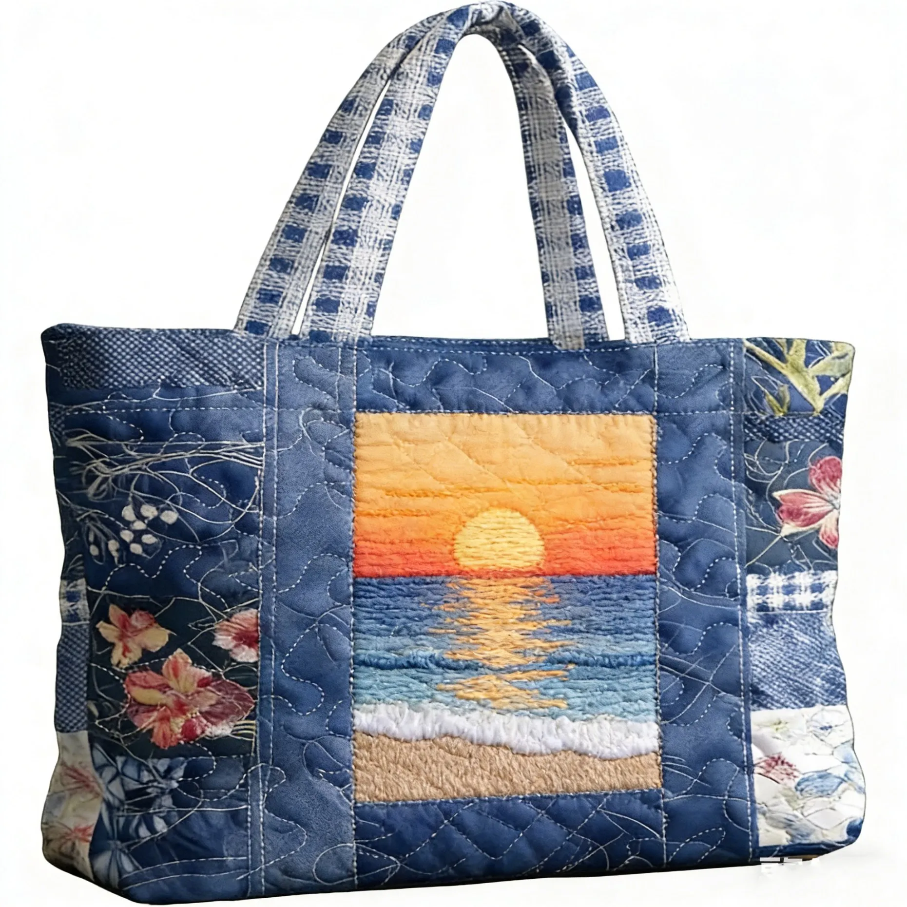 

Flag Print Quilted Tote Patchwork Shoulder Bag Women Daily Handbag For Sunset Fashion Shopping