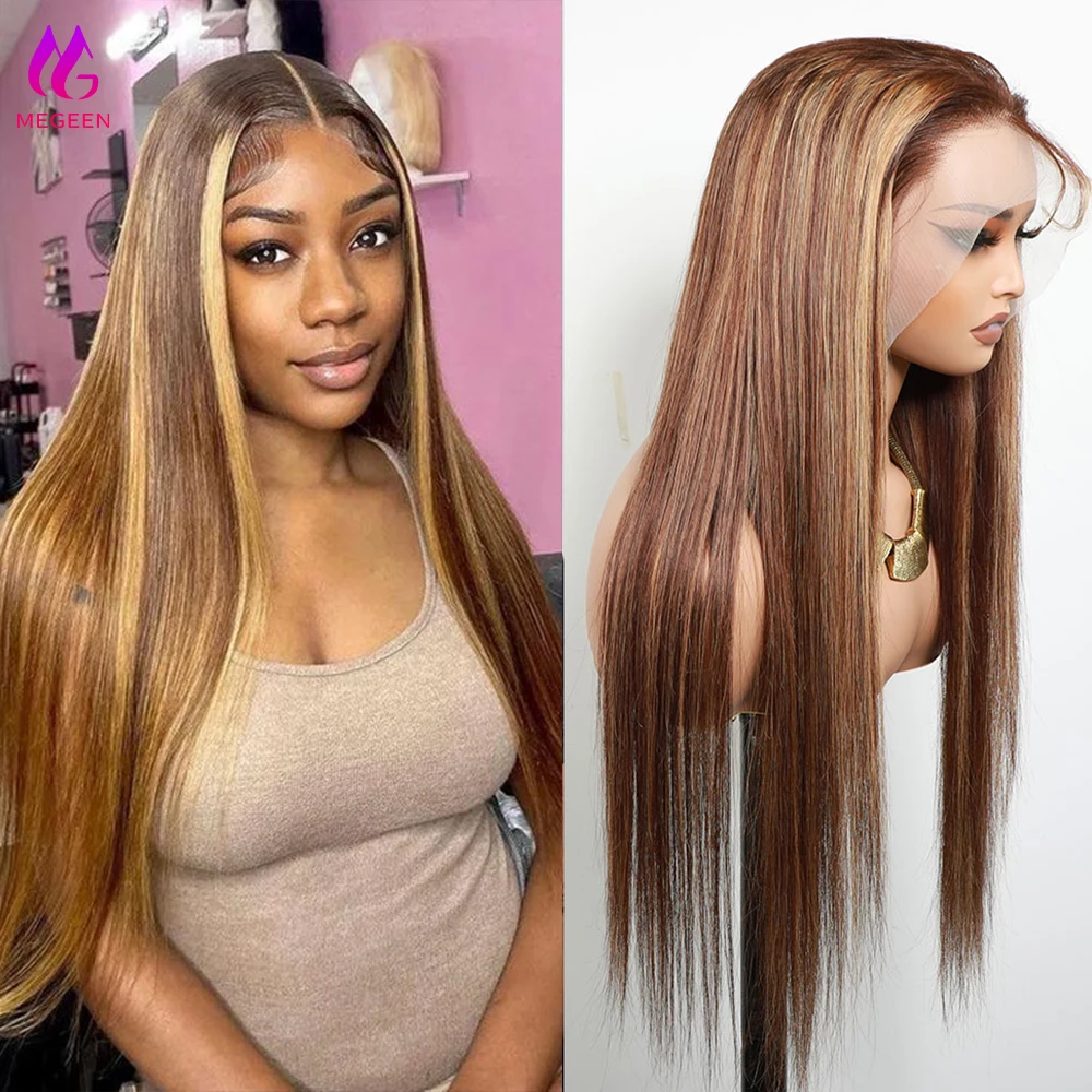 

Megeen 100% Human Hair Wigs Highlight P4/27 Colored Straight 13X4 Lace Frontal Wigs Pre Plucked Honey Blonde 13x4 Lace Front Wig