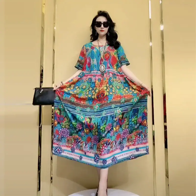 

2024 New Green Floral Mulberry Silk O-Neck Plus Midi Dress Women Boho Fashion Light Sundress Summer Korean Elegant Bodycon Dress