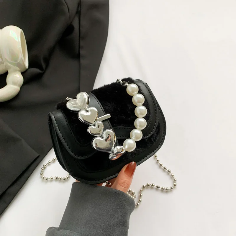 

​​2025 Winter Fluffy Pearl Bag Cute Heart Shaped Mini Purse Mother Daughter Crossbody Kids Womens Lipstick Holder​