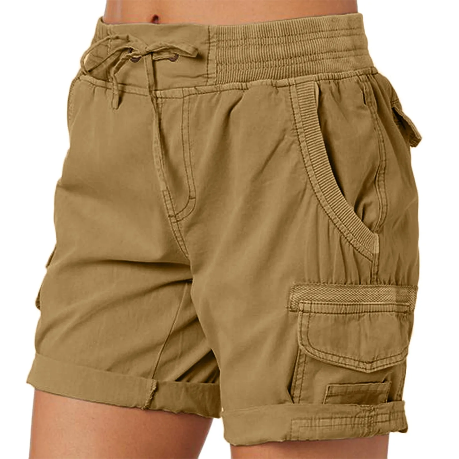 Ladies Cargo Shorts Summer Loose Hiking Shorts With Pocket Solid Color Thin Style Drawstring Elastic Waist Casual Fashion Shorts