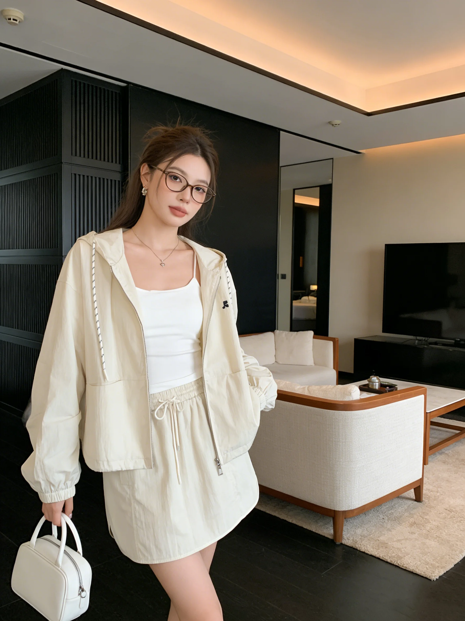 

Casual Fashionable Korean Style Hooded Stand Collar Workwear Jacket Spring High Waist Skirt Set Breathable Zipper Closure