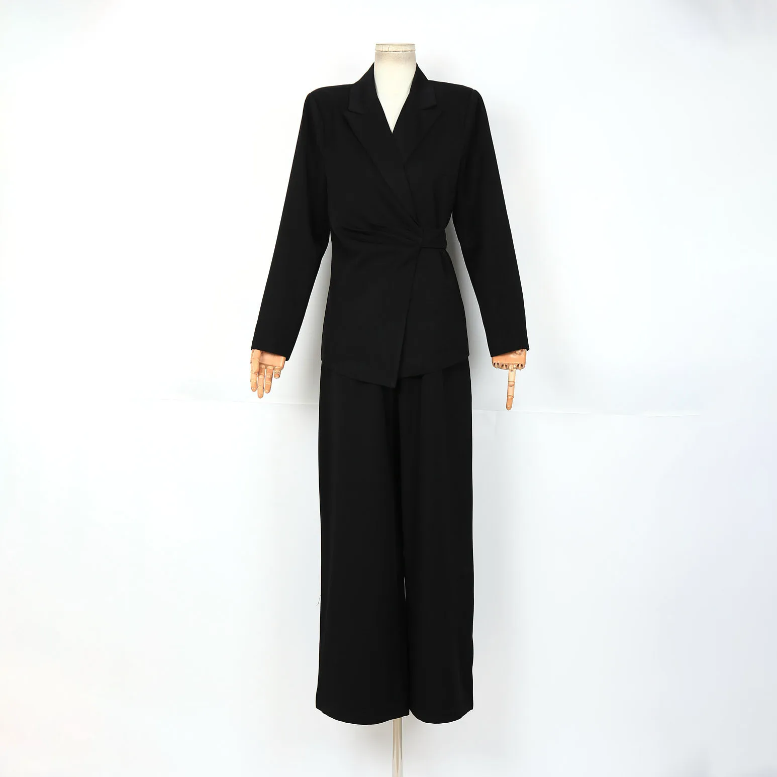 

2025 Spring Women's Black Wrap Blazer And Wide Leg Pants Set Elegant Tied Waist Suit Fashion Casual Office Outfit For Ladies