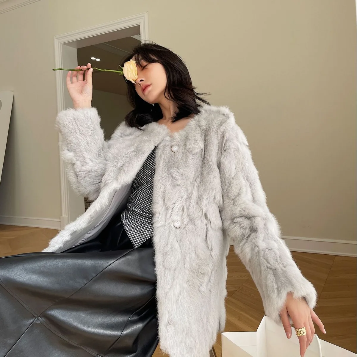 Winter Fashion and Warm Fur Integrated Rabbit Hair Mid length Coat for Women