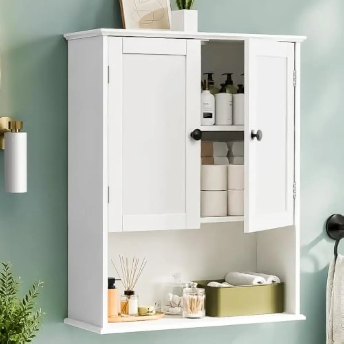 Wall mounted wooden bathroom cabinet 24 inch wide 30 inch tall 8 inch deep with adjustable interior shelf smooth white painted f