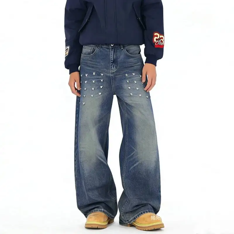 LUZHEN 2026 New Sequin Patchwork Decorate Loose Straight Denim Pants Men's Fashion Handsome Vintage Style Wide Leg Jeans JY7985