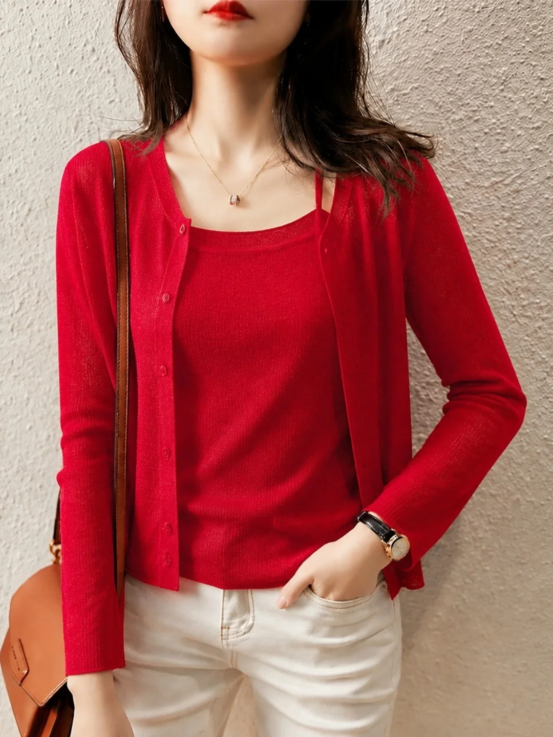 Comfortable Soft Knitted Sweater Pure Color Versatile Korean Style Two-Piece Set for Women Elegant Age-Defying Commute Wear